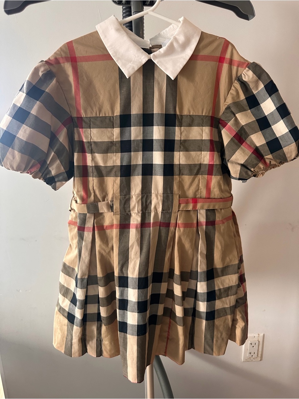 Classic Plaid Cotton Peter Pan Collar Dress - Beige
